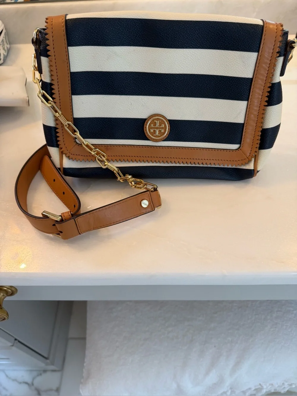 Tory Burch Navy and White Striped Crossbody with Tan Trim